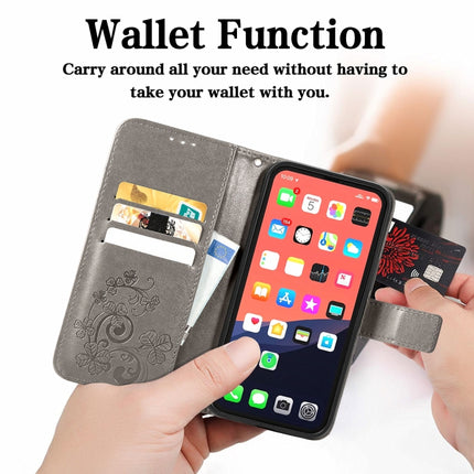 For iPhone 13 Pro Max Four-leaf Clover Clasp Embossed Buckle Mobile Phone Protection Leather Case with Lanyard & Card Slot & Wallet & Bracket Function(Grey)-garmade.com