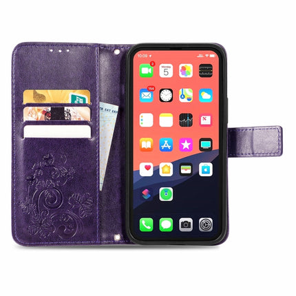 For iPhone 13 Pro Max Four-leaf Clover Clasp Embossed Buckle Mobile Phone Protection Leather Case with Lanyard & Card Slot & Wallet & Bracket Function(Purple)-garmade.com