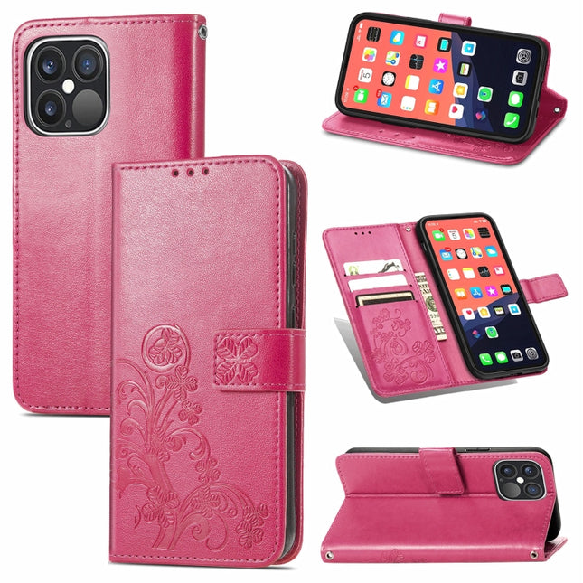 For iPhone 13 Pro Four-leaf Clover Clasp Embossed Buckle Mobile Phone Protection Leather Case with Lanyard & Card Slot & Wallet & Bracket Function(Magenta)-garmade.com