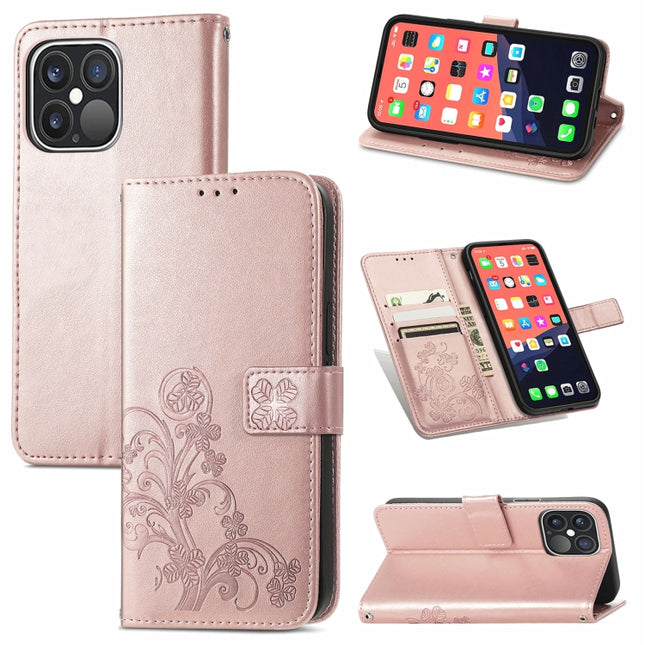 For iPhone 13 Pro Four-leaf Clover Clasp Embossed Buckle Mobile Phone Protection Leather Case with Lanyard & Card Slot & Wallet & Bracket Function(Rose Gold)-garmade.com