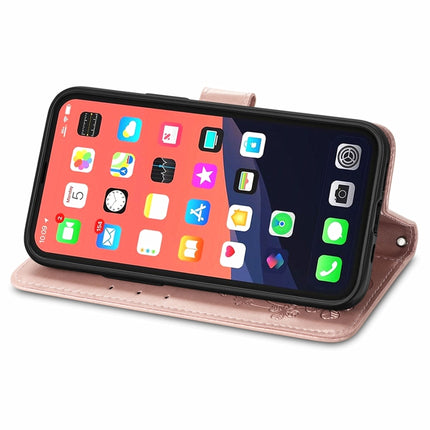 For iPhone 13 Pro Four-leaf Clover Clasp Embossed Buckle Mobile Phone Protection Leather Case with Lanyard & Card Slot & Wallet & Bracket Function(Rose Gold)-garmade.com