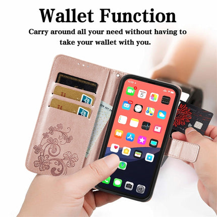 For iPhone 13 Pro Four-leaf Clover Clasp Embossed Buckle Mobile Phone Protection Leather Case with Lanyard & Card Slot & Wallet & Bracket Function(Rose Gold)-garmade.com