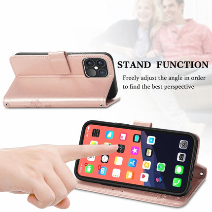 For iPhone 13 Pro Four-leaf Clover Clasp Embossed Buckle Mobile Phone Protection Leather Case with Lanyard & Card Slot & Wallet & Bracket Function(Rose Gold)-garmade.com