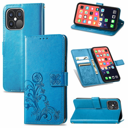 For iPhone 13 Pro Four-leaf Clover Clasp Embossed Buckle Mobile Phone Protection Leather Case with Lanyard & Card Slot & Wallet & Bracket Function(Blue)-garmade.com