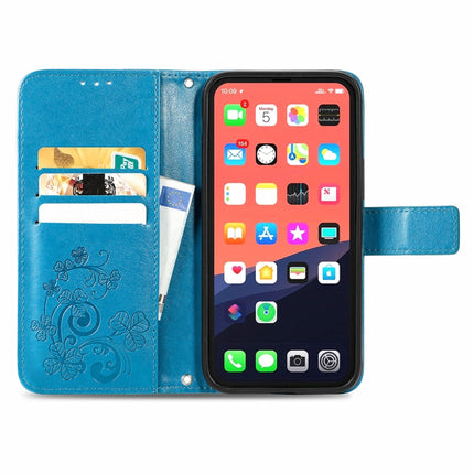 For iPhone 13 Pro Four-leaf Clover Clasp Embossed Buckle Mobile Phone Protection Leather Case with Lanyard & Card Slot & Wallet & Bracket Function(Blue)-garmade.com