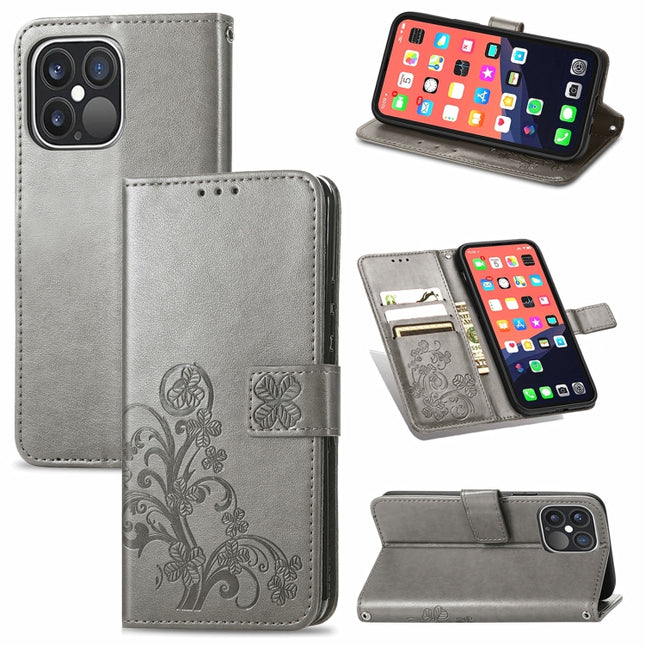 For iPhone 13 Pro Four-leaf Clover Clasp Embossed Buckle Mobile Phone Protection Leather Case with Lanyard & Card Slot & Wallet & Bracket Function(Grey)-garmade.com