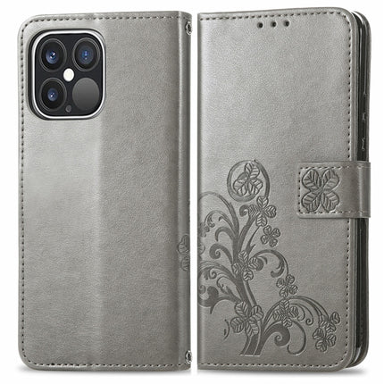 For iPhone 13 Pro Four-leaf Clover Clasp Embossed Buckle Mobile Phone Protection Leather Case with Lanyard & Card Slot & Wallet & Bracket Function(Grey)-garmade.com