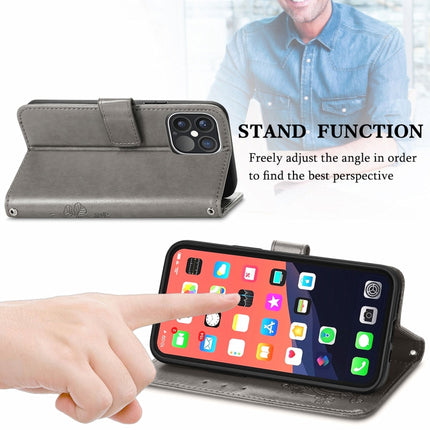 For iPhone 13 Pro Four-leaf Clover Clasp Embossed Buckle Mobile Phone Protection Leather Case with Lanyard & Card Slot & Wallet & Bracket Function(Grey)-garmade.com