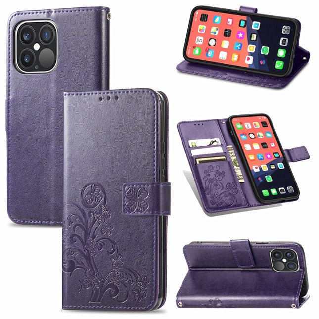 For iPhone 13 Pro Four-leaf Clover Clasp Embossed Buckle Mobile Phone Protection Leather Case with Lanyard & Card Slot & Wallet & Bracket Function(Purple)-garmade.com