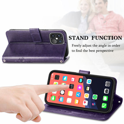 For iPhone 13 Pro Four-leaf Clover Clasp Embossed Buckle Mobile Phone Protection Leather Case with Lanyard & Card Slot & Wallet & Bracket Function(Purple)-garmade.com