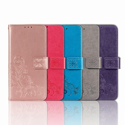 For iPhone 13 Pro Four-leaf Clover Clasp Embossed Buckle Mobile Phone Protection Leather Case with Lanyard & Card Slot & Wallet & Bracket Function(Purple)-garmade.com