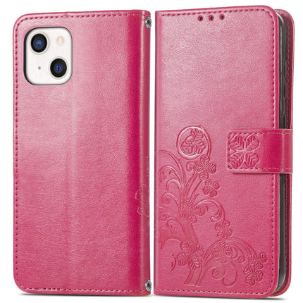 For iPhone 13 Four-leaf Clover Clasp Embossed Buckle Mobile Phone Protection Leather Case with Lanyard & Card Slot & Wallet & Bracket Function(Magenta)-garmade.com