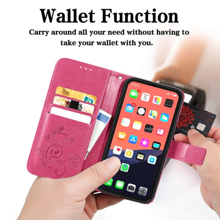 For iPhone 13 Four-leaf Clover Clasp Embossed Buckle Mobile Phone Protection Leather Case with Lanyard & Card Slot & Wallet & Bracket Function(Magenta)-garmade.com