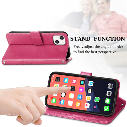 For iPhone 13 Four-leaf Clover Clasp Embossed Buckle Mobile Phone Protection Leather Case with Lanyard & Card Slot & Wallet & Bracket Function(Magenta)-garmade.com