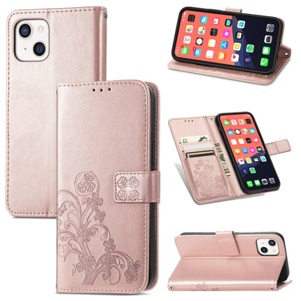 For iPhone 13 Four-leaf Clover Clasp Embossed Buckle Mobile Phone Protection Leather Case with Lanyard & Card Slot & Wallet & Bracket Function(Rose Gold)-garmade.com