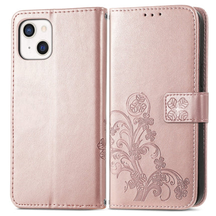 For iPhone 13 Four-leaf Clover Clasp Embossed Buckle Mobile Phone Protection Leather Case with Lanyard & Card Slot & Wallet & Bracket Function(Rose Gold)-garmade.com