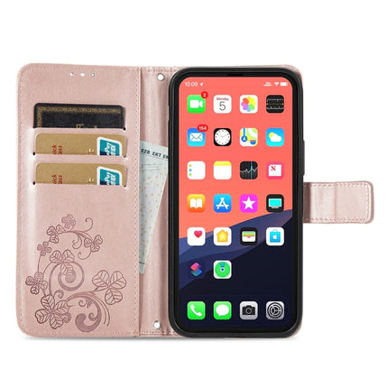 For iPhone 13 Four-leaf Clover Clasp Embossed Buckle Mobile Phone Protection Leather Case with Lanyard & Card Slot & Wallet & Bracket Function(Rose Gold)-garmade.com