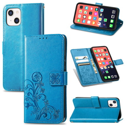 For iPhone 13 Four-leaf Clover Clasp Embossed Buckle Mobile Phone Protection Leather Case with Lanyard & Card Slot & Wallet & Bracket Function(Blue)-garmade.com