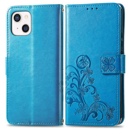 For iPhone 13 Four-leaf Clover Clasp Embossed Buckle Mobile Phone Protection Leather Case with Lanyard & Card Slot & Wallet & Bracket Function(Blue)-garmade.com