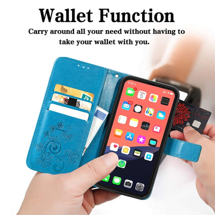 For iPhone 13 Four-leaf Clover Clasp Embossed Buckle Mobile Phone Protection Leather Case with Lanyard & Card Slot & Wallet & Bracket Function(Blue)-garmade.com