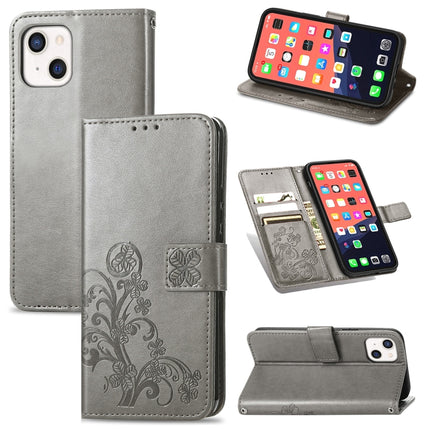 For iPhone 13 Four-leaf Clover Clasp Embossed Buckle Mobile Phone Protection Leather Case with Lanyard & Card Slot & Wallet & Bracket Function(Grey)-garmade.com