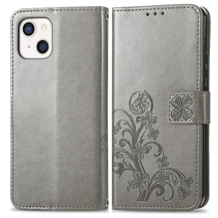For iPhone 13 Four-leaf Clover Clasp Embossed Buckle Mobile Phone Protection Leather Case with Lanyard & Card Slot & Wallet & Bracket Function(Grey)-garmade.com