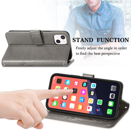 For iPhone 13 Four-leaf Clover Clasp Embossed Buckle Mobile Phone Protection Leather Case with Lanyard & Card Slot & Wallet & Bracket Function(Grey)-garmade.com