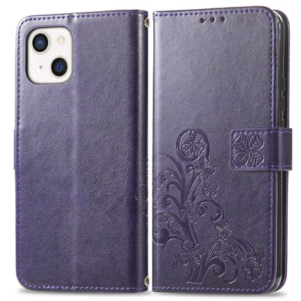 For iPhone 13 Four-leaf Clover Clasp Embossed Buckle Mobile Phone Protection Leather Case with Lanyard & Card Slot & Wallet & Bracket Function(Purple)-garmade.com