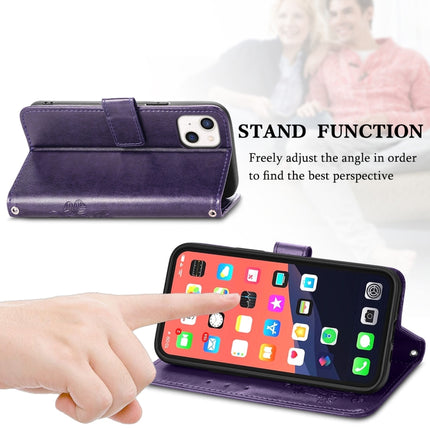 For iPhone 13 Four-leaf Clover Clasp Embossed Buckle Mobile Phone Protection Leather Case with Lanyard & Card Slot & Wallet & Bracket Function(Purple)-garmade.com