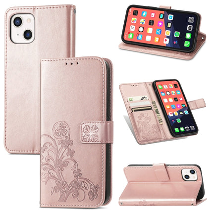 For iPhone 13 mini Four-leaf Clover Clasp Embossed Buckle Mobile Phone Protection Leather Case with Lanyard & Card Slot & Wallet & Bracket Function(Rose Gold)-garmade.com