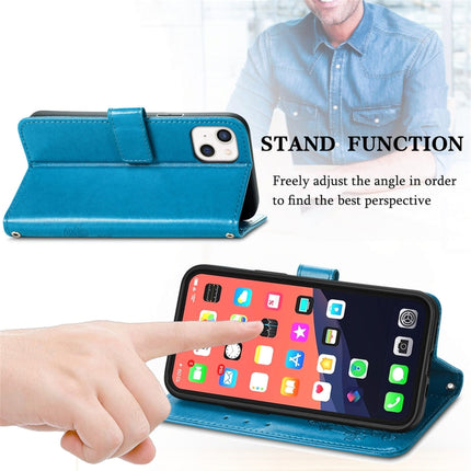 For iPhone 13 mini Four-leaf Clover Clasp Embossed Buckle Mobile Phone Protection Leather Case with Lanyard & Card Slot & Wallet & Bracket Function(Blue)-garmade.com