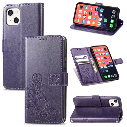 For iPhone 13 mini Four-leaf Clover Clasp Embossed Buckle Mobile Phone Protection Leather Case with Lanyard & Card Slot & Wallet & Bracket Function(Purple)-garmade.com