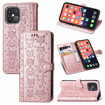 Cute Cat and Dog Embossed Horizontal Flip Leather Case with Holder & Card Slots & Wallet & Lanyard For iPhone 13 Pro Max(Rose Gold)-garmade.com