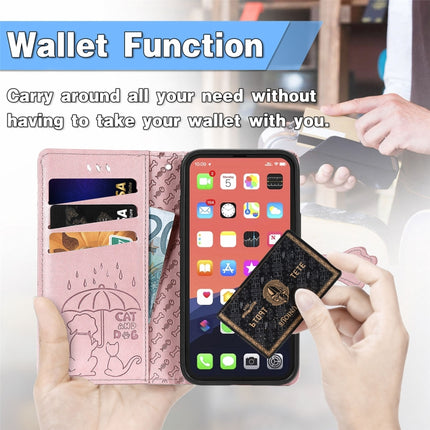 Cute Cat and Dog Embossed Horizontal Flip Leather Case with Holder & Card Slots & Wallet & Lanyard For iPhone 13 Pro Max(Rose Gold)-garmade.com