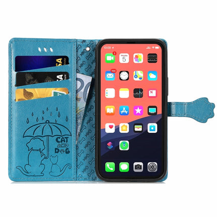 Cute Cat and Dog Embossed Horizontal Flip Leather Case with Holder & Card Slots & Wallet & Lanyard For iPhone 13 Pro Max(Blue)-garmade.com
