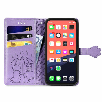 Cute Cat and Dog Embossed Horizontal Flip Leather Case with Holder & Card Slots & Wallet & Lanyard For iPhone 13 Pro Max(Purple)-garmade.com