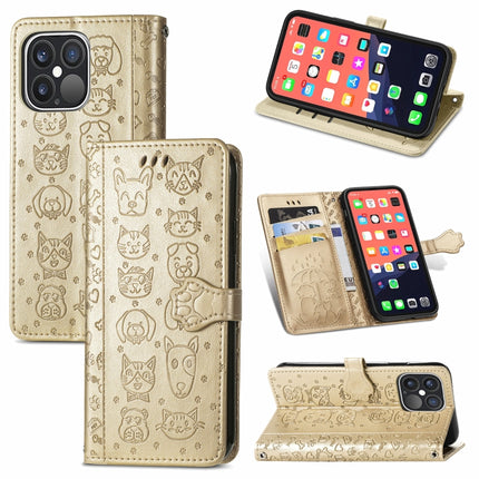 Cute Cat and Dog Embossed Horizontal Flip Leather Case with Holder & Card Slots & Wallet & Lanyard For iPhone 13 Pro Max(Gold)-garmade.com