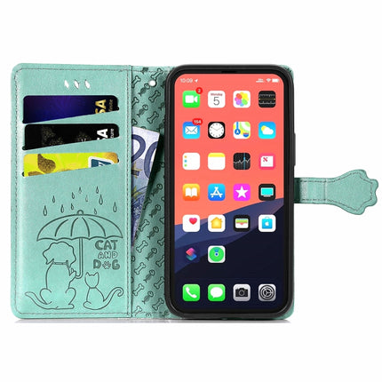 Cute Cat and Dog Embossed Horizontal Flip Leather Case with Holder & Card Slots & Wallet & Lanyard For iPhone 13 Pro Max(Green)-garmade.com
