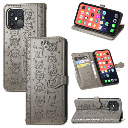 Cute Cat and Dog Embossed Horizontal Flip Leather Case with Holder & Card Slots & Wallet & Lanyard For iPhone 13 Pro Max(Gray)-garmade.com