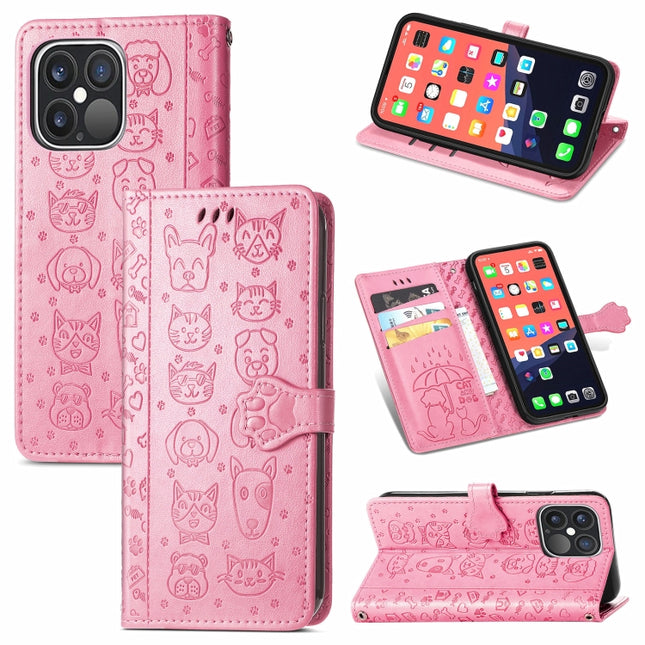 Cute Cat and Dog Embossed Horizontal Flip Leather Case with Holder & Card Slots & Wallet & Lanyard For iPhone 13 Pro(Pink)-garmade.com
