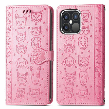 Cute Cat and Dog Embossed Horizontal Flip Leather Case with Holder & Card Slots & Wallet & Lanyard For iPhone 13 Pro(Pink)-garmade.com