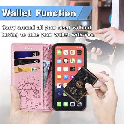 Cute Cat and Dog Embossed Horizontal Flip Leather Case with Holder & Card Slots & Wallet & Lanyard For iPhone 13 Pro(Pink)-garmade.com