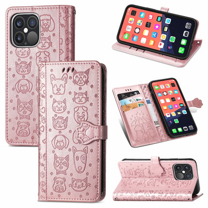 Cute Cat and Dog Embossed Horizontal Flip Leather Case with Holder & Card Slots & Wallet & Lanyard For iPhone 13 Pro(Rose Gold)-garmade.com