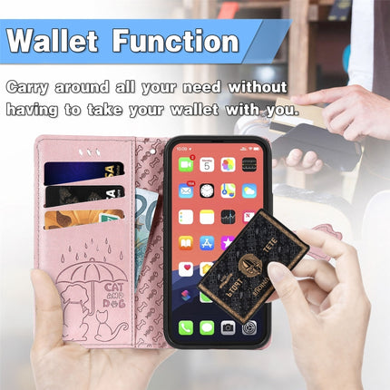 Cute Cat and Dog Embossed Horizontal Flip Leather Case with Holder & Card Slots & Wallet & Lanyard For iPhone 13 Pro(Rose Gold)-garmade.com