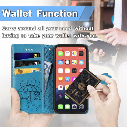 Cute Cat and Dog Embossed Horizontal Flip Leather Case with Holder & Card Slots & Wallet & Lanyard For iPhone 13 Pro(Blue)-garmade.com
