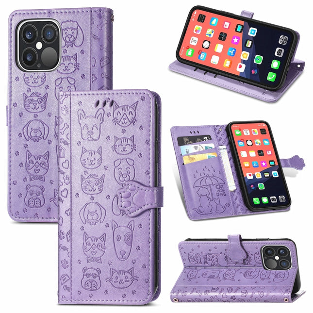 Cute Cat and Dog Embossed Horizontal Flip Leather Case with Holder & Card Slots & Wallet & Lanyard For iPhone 13 Pro(Purple)-garmade.com