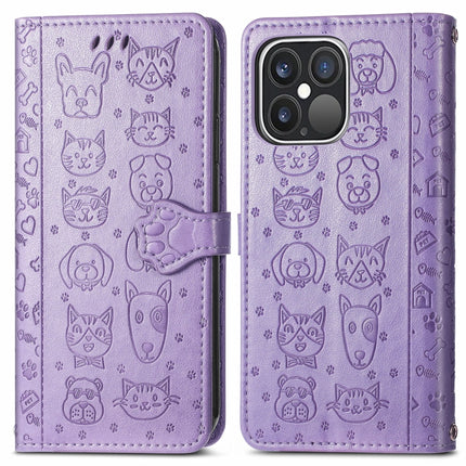 Cute Cat and Dog Embossed Horizontal Flip Leather Case with Holder & Card Slots & Wallet & Lanyard For iPhone 13 Pro(Purple)-garmade.com