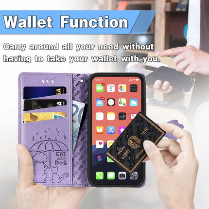 Cute Cat and Dog Embossed Horizontal Flip Leather Case with Holder & Card Slots & Wallet & Lanyard For iPhone 13 Pro(Purple)-garmade.com