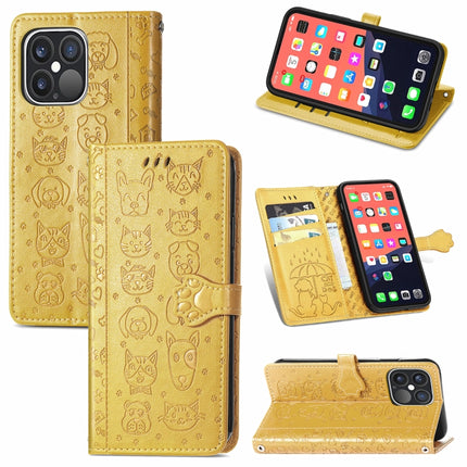 Cute Cat and Dog Embossed Horizontal Flip Leather Case with Holder & Card Slots & Wallet & Lanyard For iPhone 13 Pro(Yellow)-garmade.com
