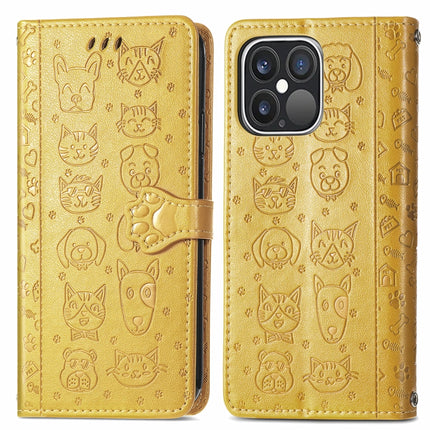 Cute Cat and Dog Embossed Horizontal Flip Leather Case with Holder & Card Slots & Wallet & Lanyard For iPhone 13 Pro(Yellow)-garmade.com